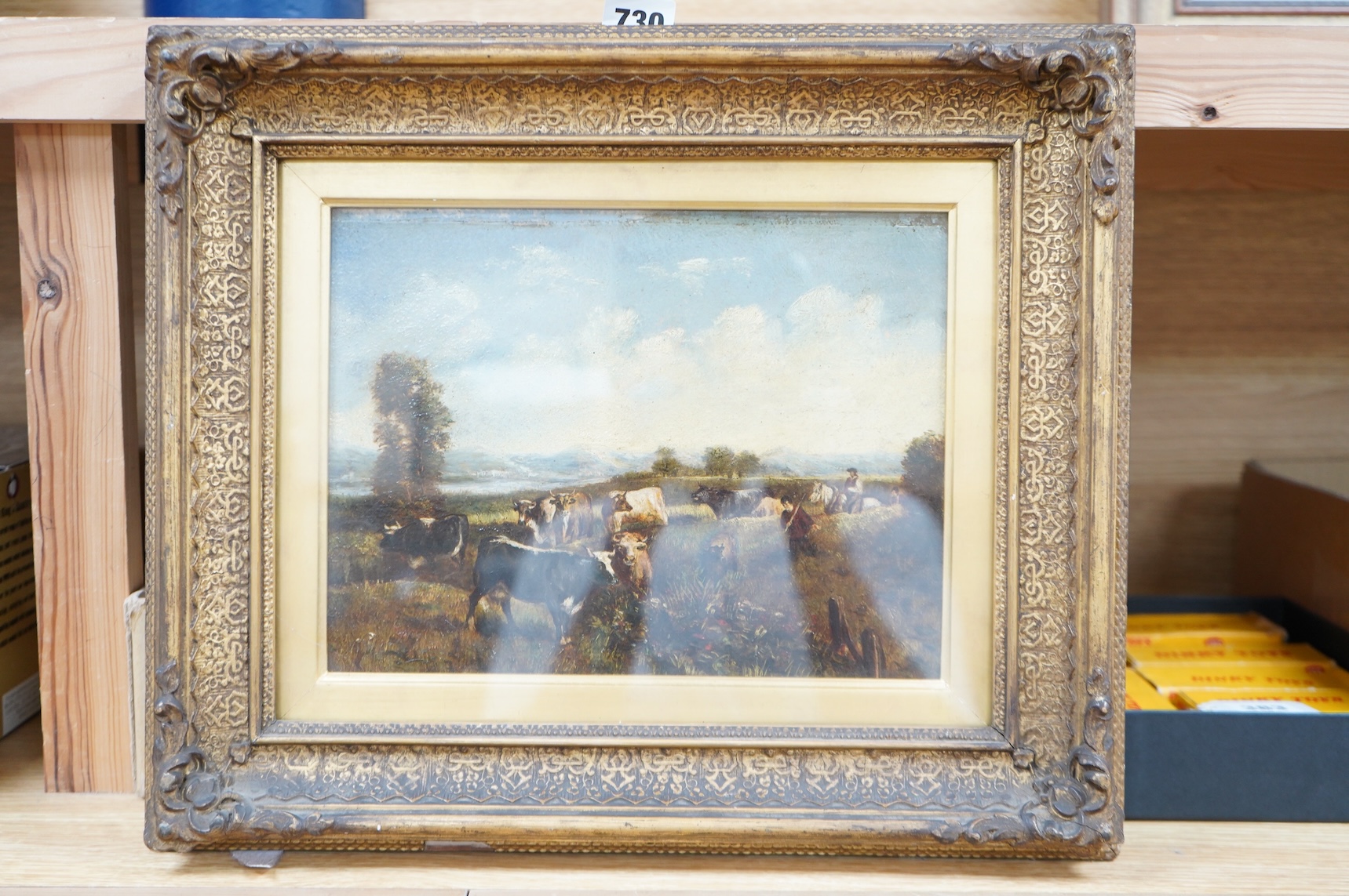 Manner of Thomas Sidney Cooper (1803-1902), Herding cattle, oil on board, 20 x 26cm, ornate gilt frame